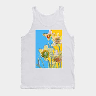 Abstract Yellow Daffodil Watercolor Pattern on Blue Tank Top